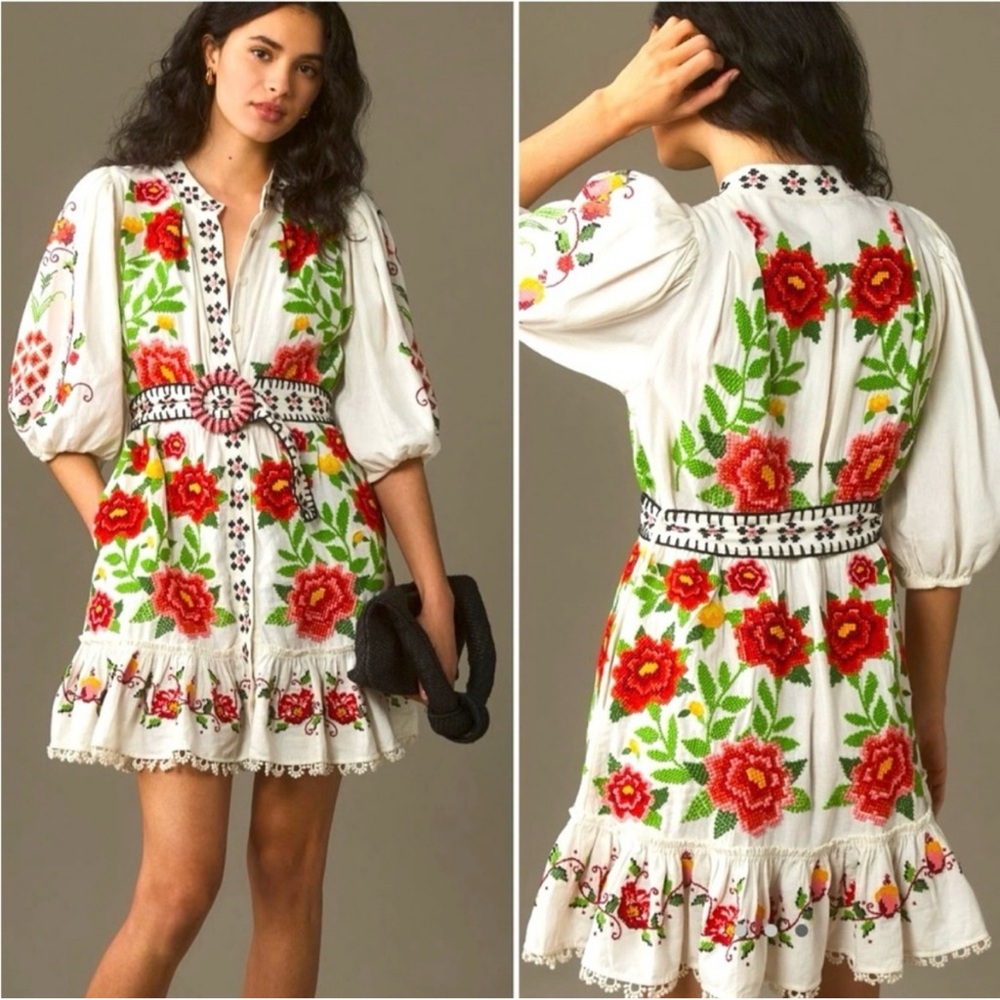FARM Rio White Mini Carmella Dress with Red & Green Floral Embroidery
